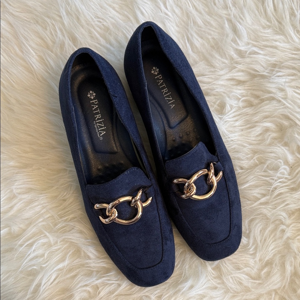 Spring Step Navy Suede Loafers with Gold Chain Accent
